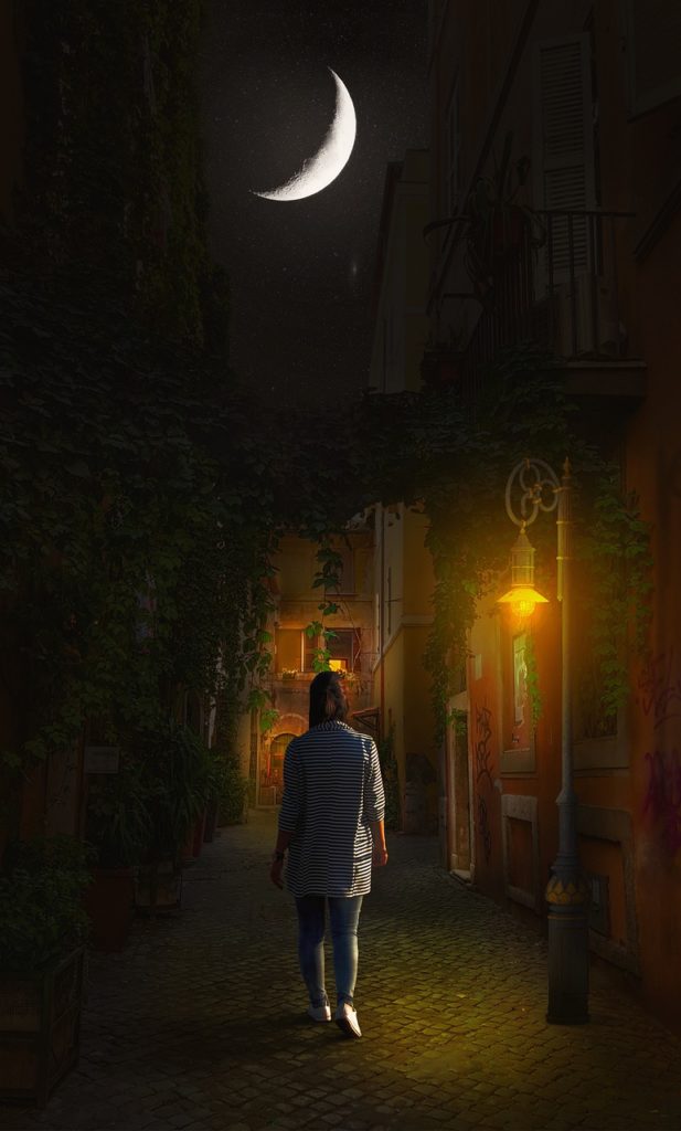 girl, night, street